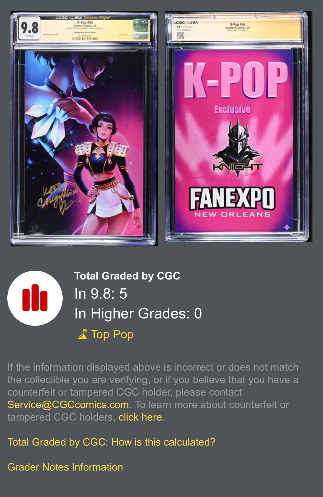 CGC x JSA 9.8 Top Pop K-Pop #nn Fan Expo New Orleans Edition Signed