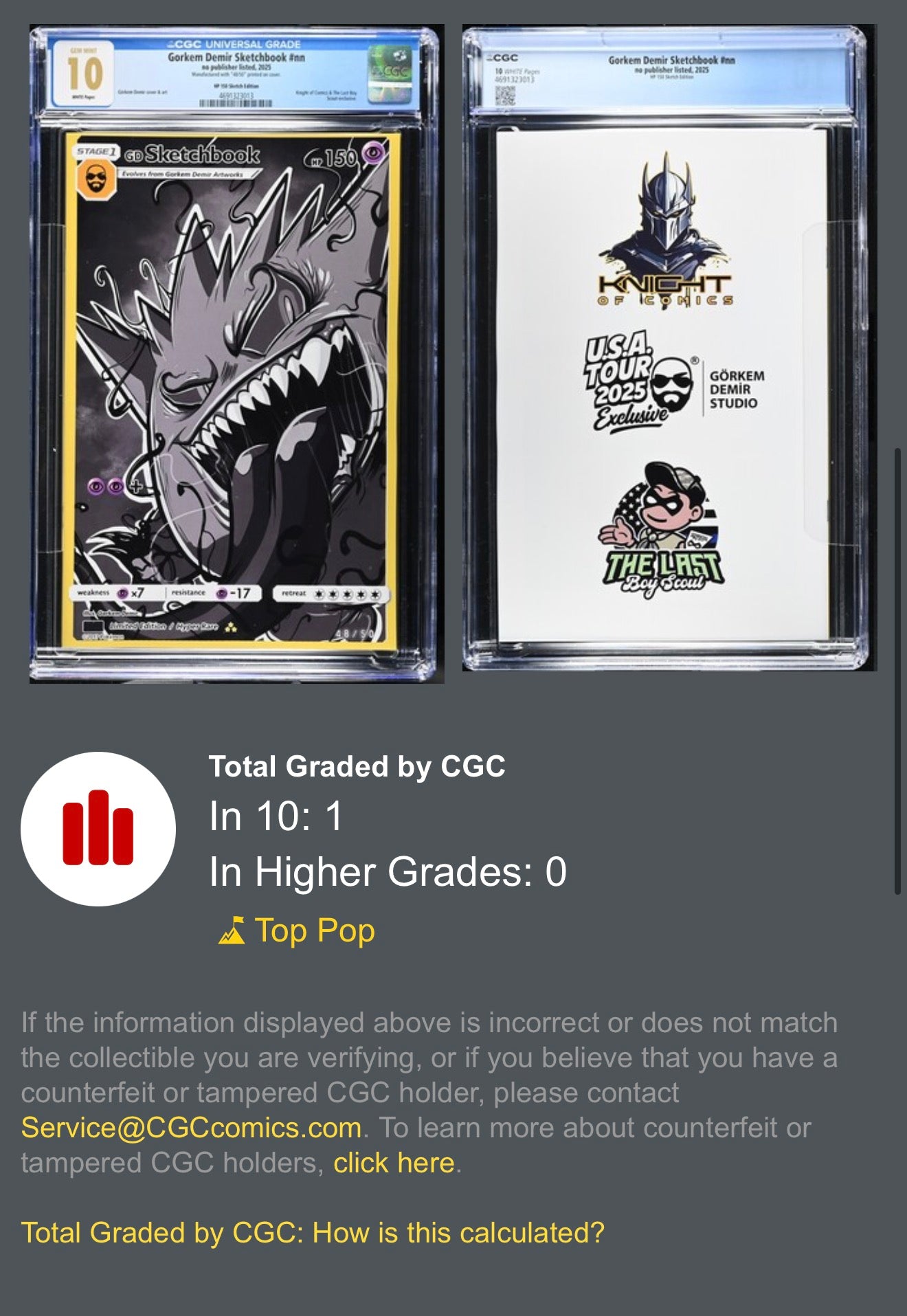 CGC 10 TOP POP Gorkem Demir Sketchbook #nn HP 150 Sketch Edition Hyper Rare Pokémon-Inspired Art Slab