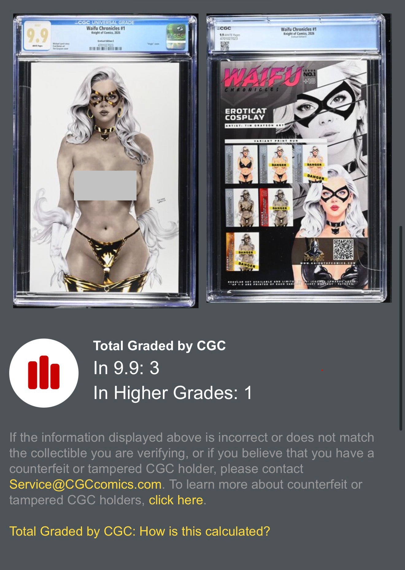 CGC 9.9 Waifu Chronicles #1 Eroticat Edition E Virgin Variant