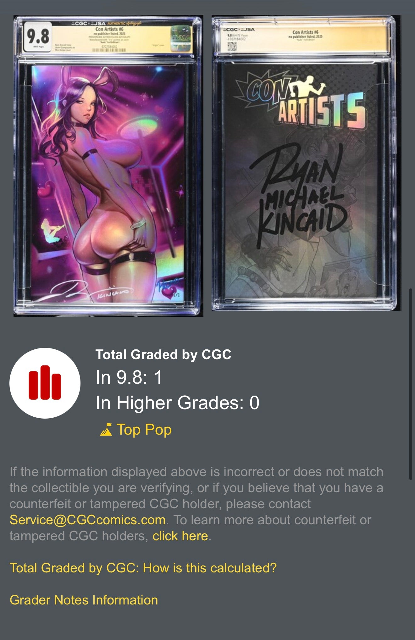 CGC x JSA 9.8 Top Pop Con Artists #6 Nude Foil Edition 1/1 Virgin Variant Ryan Kincaid Signed