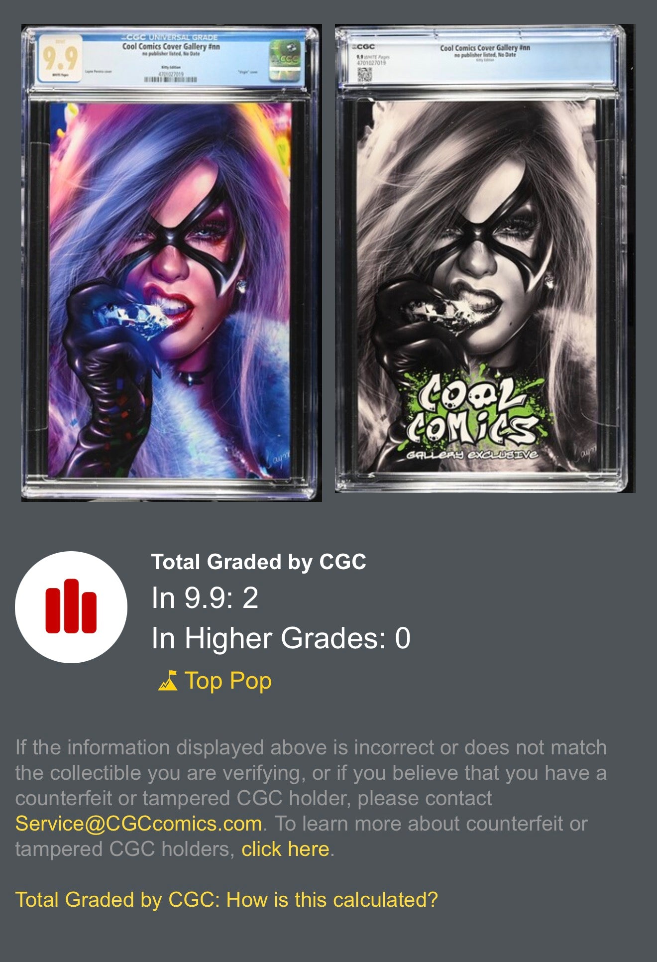 CGC 9.9 TOP POP Cool Comics Cover Gallery Black Cat Kitty Edition LTD 100